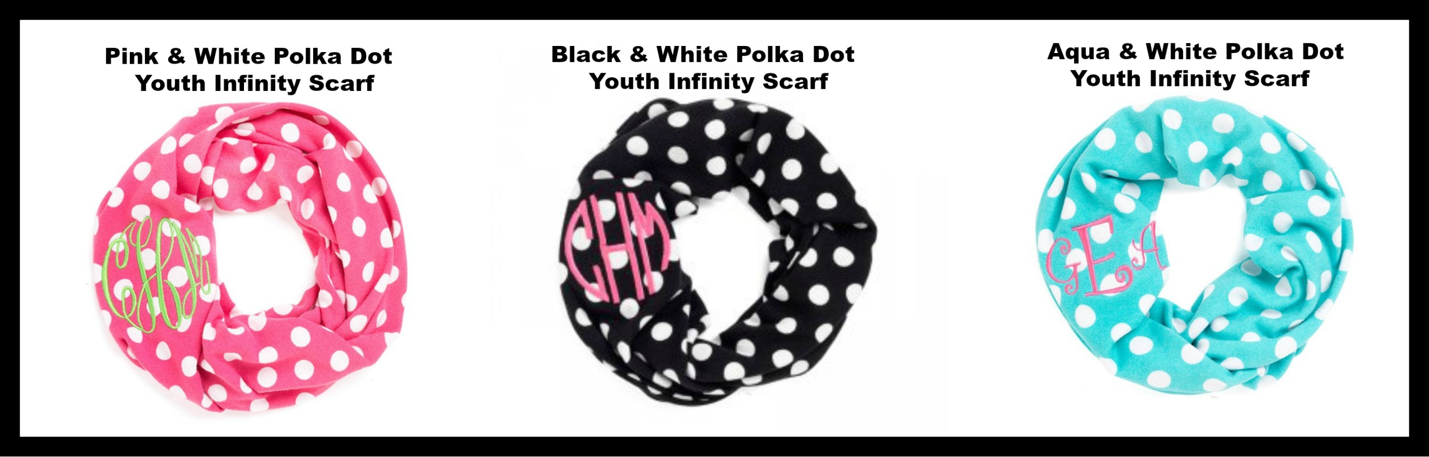 Youth Size Personalized Infinity Scarves in Black and Aqua with White Polka Dots Youth Size Personalized Infinity Scarves in Black and Aqua with White Polka Dots